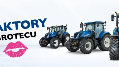 Modré traktory New Holland na reklamní grafice společnosti AGROTEC